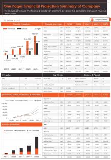 One pager financial projection summary of company presentation report ppt pdf document