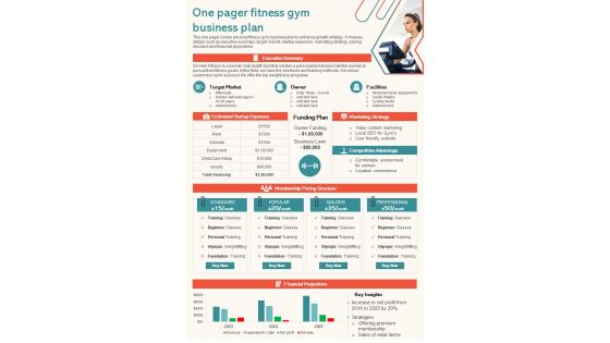 One Pager Fitness Gym Business Plan Presentation Report Infographic PPT PDF Document