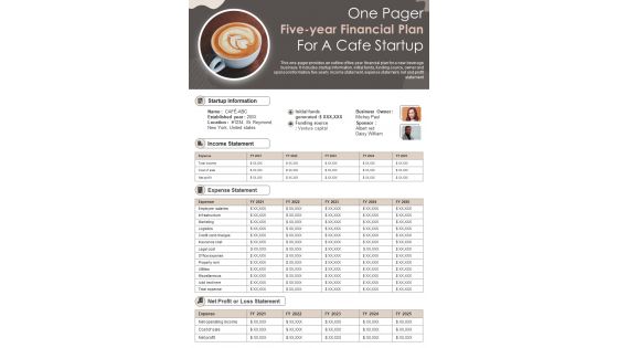 One Pager Five Year Financial Plan For A Cafe Startup Presentation Report Infographic PPT PDF Document