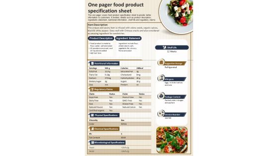 One Pager Food Product Specification Sheet Presentation Report Infographic Ppt Pdf Document