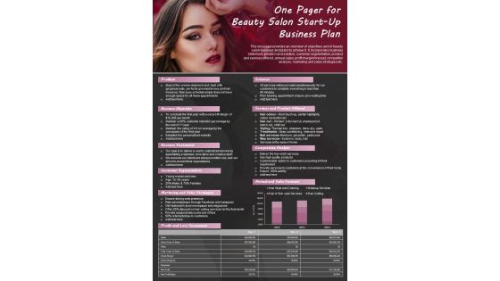 One Pager For Beauty Salon Start Up Business Plan Presentation Report Infographic PPT PDF Document
