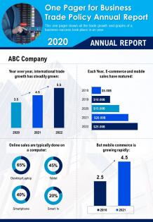 One pager for business trade policy annual report presentation report infographic ppt pdf document