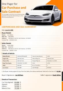One pager for car purchase and sale contract presentation report infographic ppt pdf document