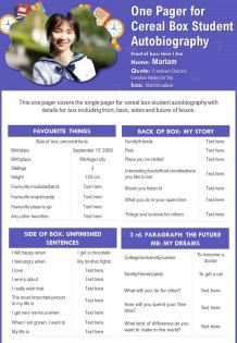 One pager for cereal box student autobiography report infographic ppt pdf document
