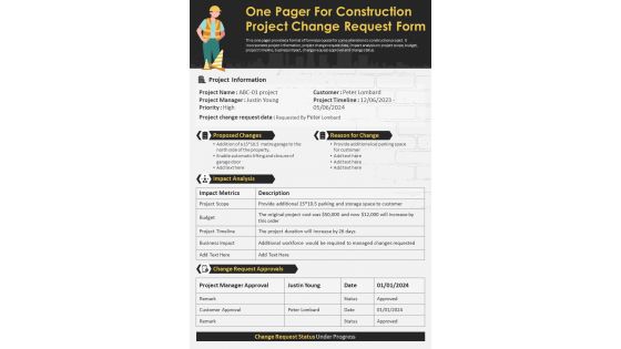 One Pager For Construction Project Change Request Form presentation report infographic PPT PDF document