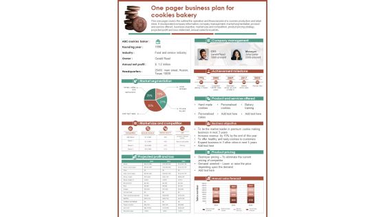 One Pager For Cookies Bakery Business Plan Presentation Report Infographic Ppt Pdf Document