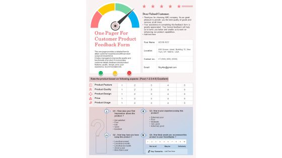 One Pager For Customer Product Feedback Form Presentation Report Infographic PPT PDF Document