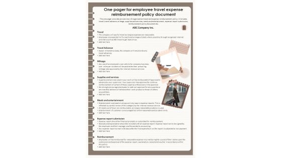 One Pager For Employee Travel Expense Reimbursement Policy Document Presentation Infographic PPT PDF Document