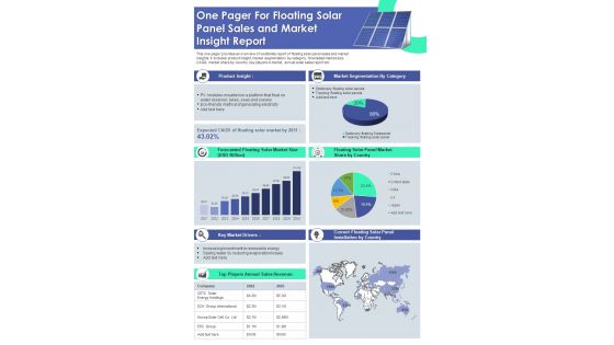 One Pager For Floating Solar Panel Sales And Market Insight Report Presentation Infographic Ppt Pdf Document