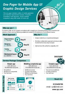 One pager for mobile app ui graphic design services presentation report ppt pdf document