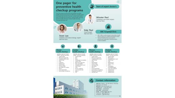 One Pager For Preventive Health Checkup Programs Presentation Report Infographic Ppt Pdf Document