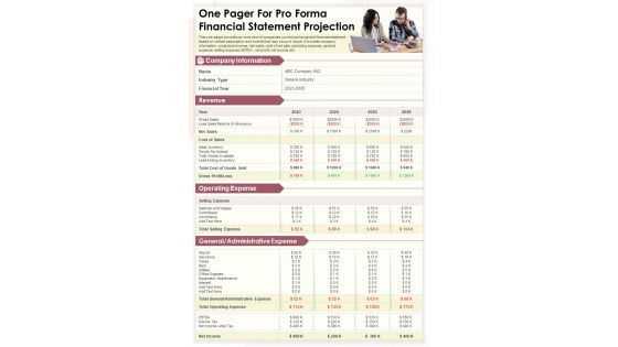 One Pager For Pro Forma Financial Statement Projection Presentation Report Infographic PPT PDF Document