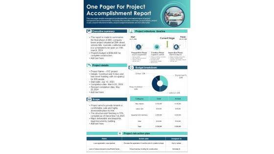 One Pager For Project Accomplishment Report Presentation Infographic PPT PDF Document