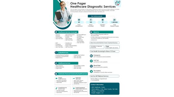 One Pager Healthcare Diagnostic Services Presentation Report Infographic PPT PDF Document