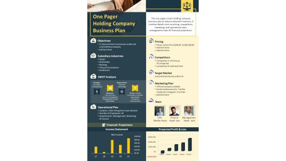 One Pager Holding Company Business Plan Presentation Report Infographic PPT PDF Document