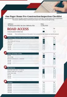 One pager home pre construction inspection checklist presentation report infographic ppt pdf document