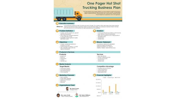 One Pager Hot Shot Trucking Business Plan Presentation Report Infographic PPT PDF Document