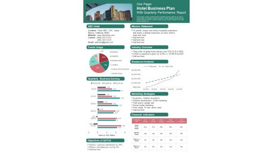One Pager Hotel Business Plan With Quarterly Performance Report Presentation Infographic PPT PDF Document