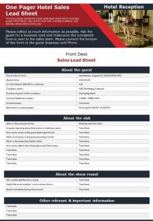 One pager hotel sales lead sheet presentation report infographic ppt pdf document