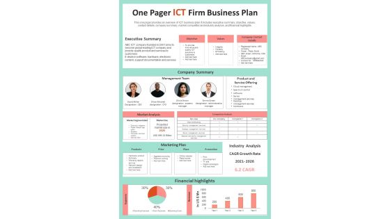 One Pager ICT Firm Business Plan Presentation Report Infographic Ppt Pdf Document
