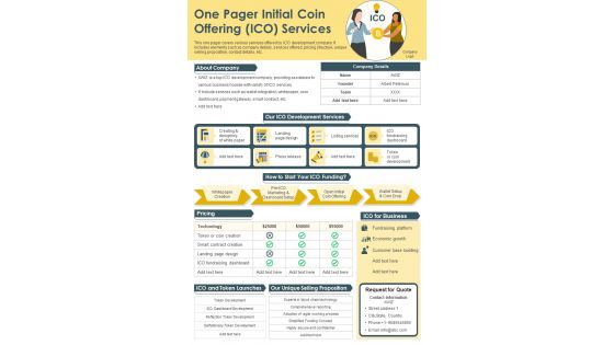 One Pager Initial Coin Offering ICO Services Presentation Report Infographic PPT PDF Document