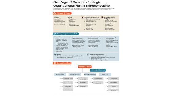 One Pager IT Company Strategic Organizational Plan In Entrepreneurship Presentation Infographic Ppt Pdf Document