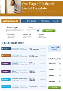 One pager job search portal template presentation report infographic ppt pdf document