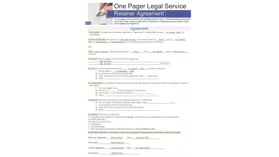 One pager legal service retainer agreement presentation report infographic PPT PDF document