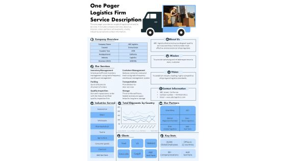 One Pager Logistics Firm Service Description Presentation Report Infographic PPT PDF Document