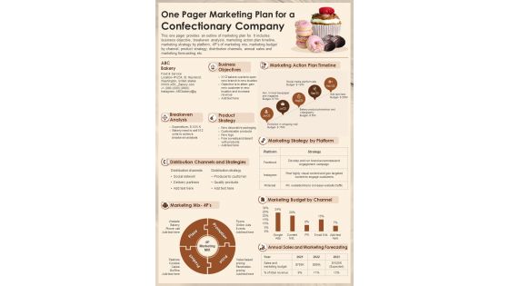 One pager marketing plan for a confectionary company presentation report infographic PPT PDF document