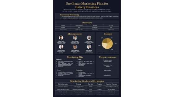 One Pager Marketing Plan For Bakery Business Presentation Report Infographic Ppt Pdf Document