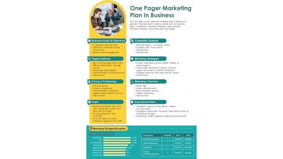 One Pager Marketing Plan In Business Presentation Report Infographic PPT PDF Document