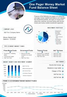One pager money market fund balance sheet presentation report infographic ppt pdf document