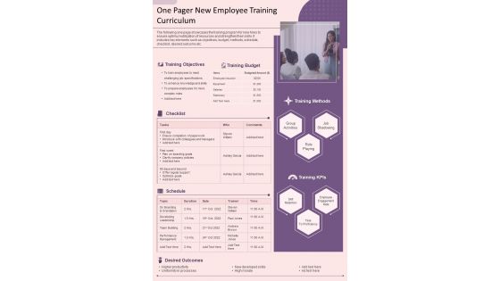 One Pager New Employee Training Curriculum Presentation Report Infographic Ppt Pdf Document