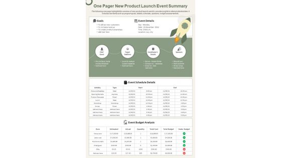 One Pager New Product Launch Event Summary Presentation Report Infographic PPT PDF Document