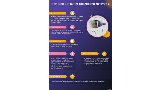 One Pager On Metaverse Key Terms Training Ppt Report Infographic Pdf Document