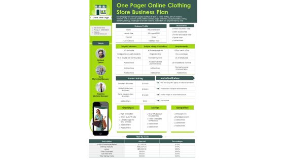 One Pager Online Clothing Store Business Plan Presentation Report Infographic PPT PDF Document