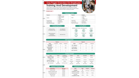 One Pager Overview On Employee Training And Development Presentation Report Infographic PPT PDF Document