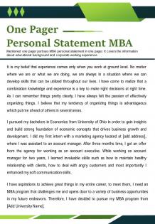 One pager personal statement mba presentation report infographic ppt pdf document