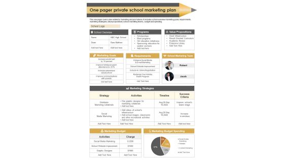 One Pager Private School Marketing Plan Presentation Report Infographic PPT PDF Document