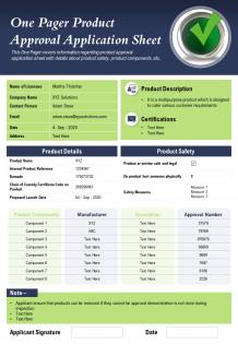 One pager product approval application sheet presentation report infographic ppt pdf document