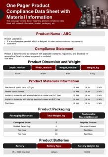 One pager product compliance data sheet with material information report ppt pdf document