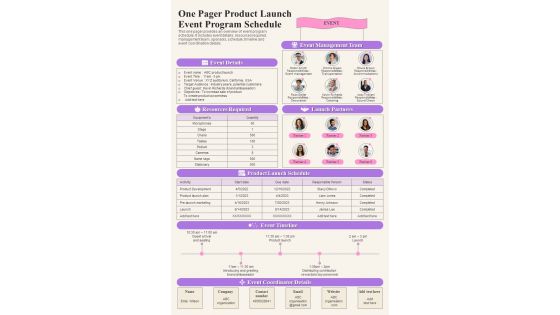 One Pager Product Launch Event Program Schedule Presentation Report Infographic Ppt Pdf Document