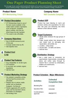 One pager product research planning sheet presentation report infographic ppt pdf document