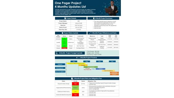One Pager Project 4 Months Updates List Presentation Report Infographic PPT PDF Document