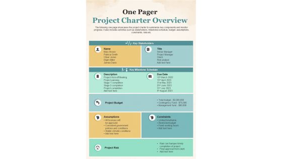 One Pager Project Charter Overview Presentation Report Infographic PPT PDF Document