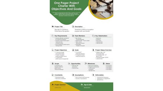 One Pager Project Charter With Objectives And Goals Presentation Report Infographic PPT PDF Document