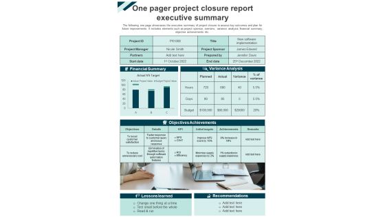 One Pager Project Closure Report Executive Summary Presentation Report Infographic Ppt Pdf Document