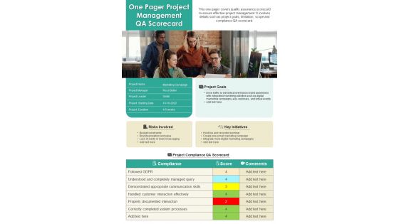 One Pager Project Management QA Scorecard Presentation Report Infographic PPT PDF Document