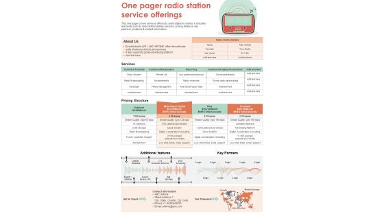 One Pager Radio Station Service Offerings Presentation Report Infographic PPT PDF Document